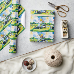 Golf 80. Geburtstag mit Golfwagen auf Grün Geschenkpapier