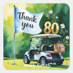 Golf 80. Geburtstag mit Golfwagen auf Grün Quadratischer Aufkleber