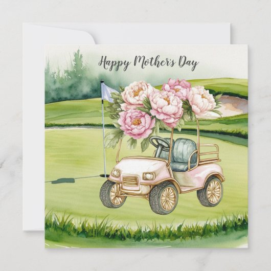 Golf am Muttertag mit Golfcart und Blumen Karte (Vorderseite)