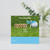 Golf Baby Duschboy mit blauem Band auf grün  Einladung (Stehend Vorderseite)