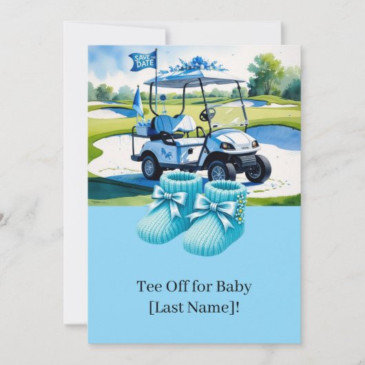 Golf Baby Dusche für Jungen mit Golfwagen auf Grün Einladung (Vorderseite)