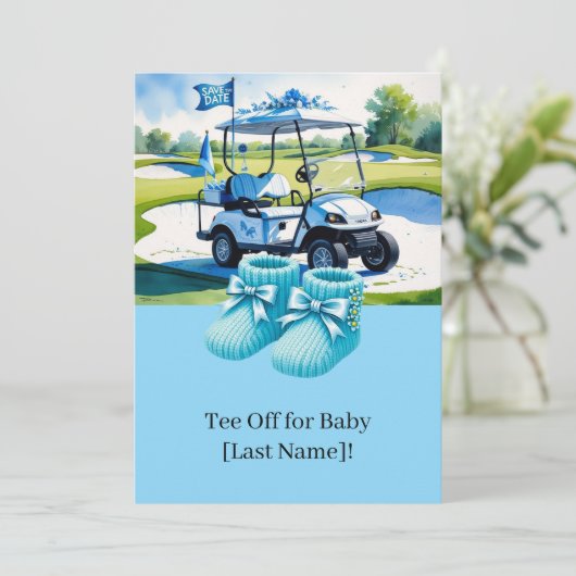 Golf Baby Dusche für Jungen mit Golfwagen auf Grün Einladung (Stehend Vorderseite)