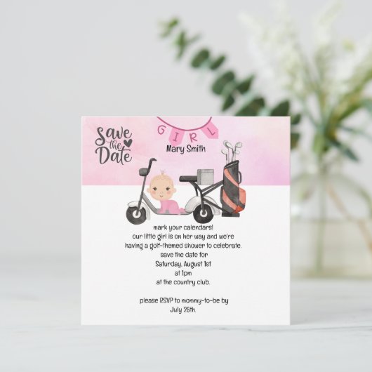 Golf Baby Girl Babydusche auf Rosa Save the Date (Stehend Vorderseite)