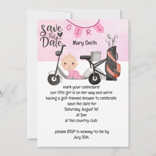 Golf Baby Girl Babydusche auf Rosa Save the Date Einladung (Vorderseite)