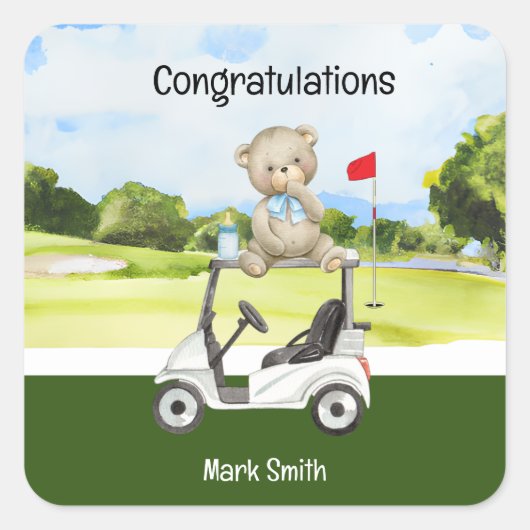Golf baby Gratulation Birthday Baby Shower Boy Quadratischer Aufkleber (Vorderseite)