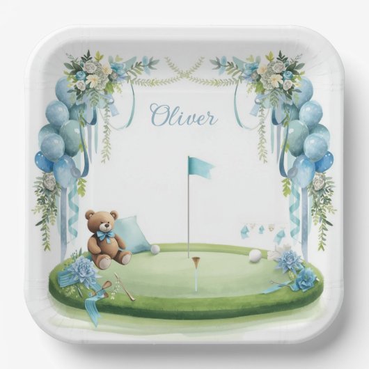 Golf-Baby-Junge auf Putting-Green Pappteller (Vorderseite)