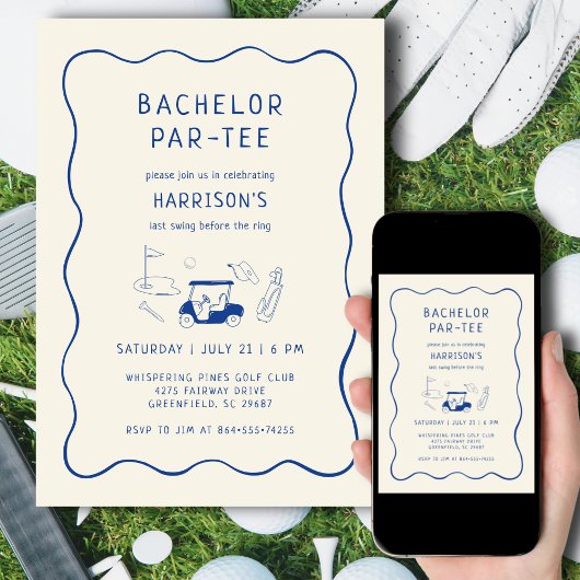 Golf Bachelor Party Letzte Hand ziehen blau gezeic Einladung