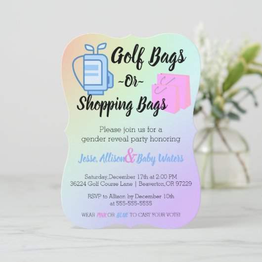 Golf Bags oder Shopping Bags Gender-Enthüllung ein Einladung (Stehend Vorderseite)