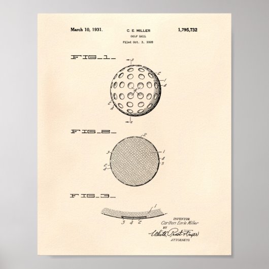 Golf Ball 1931 Patent Art Old Peper Poster (Vorne)