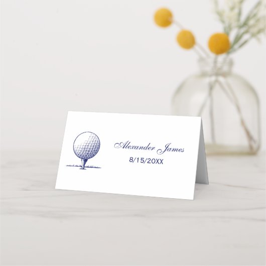 Golf Ball auf T-Shirt Escortkarte Platzkarte Blau (Vorderseite)