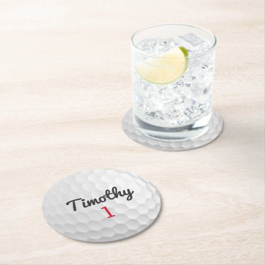 Golf Ball Dimples mit schwarzem Namen Runder Pappuntersetzer (Vor Ort)