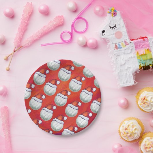 Golf Ball in Weihnachtsmannmütze Muster auf Rot Pappteller (Party)