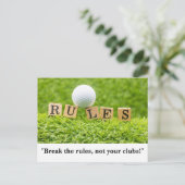 Golf Ball mit RULES lustiges Sprichwort für Golfer Postkarte (Stehend Vorderseite)