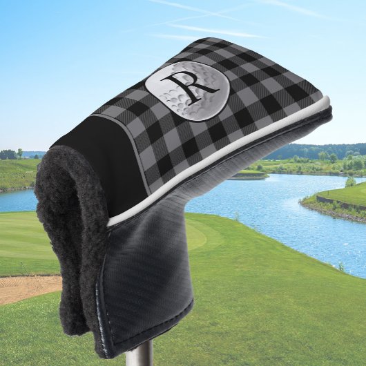Golf ball monogrammed grey buffalo plaid custom headcover