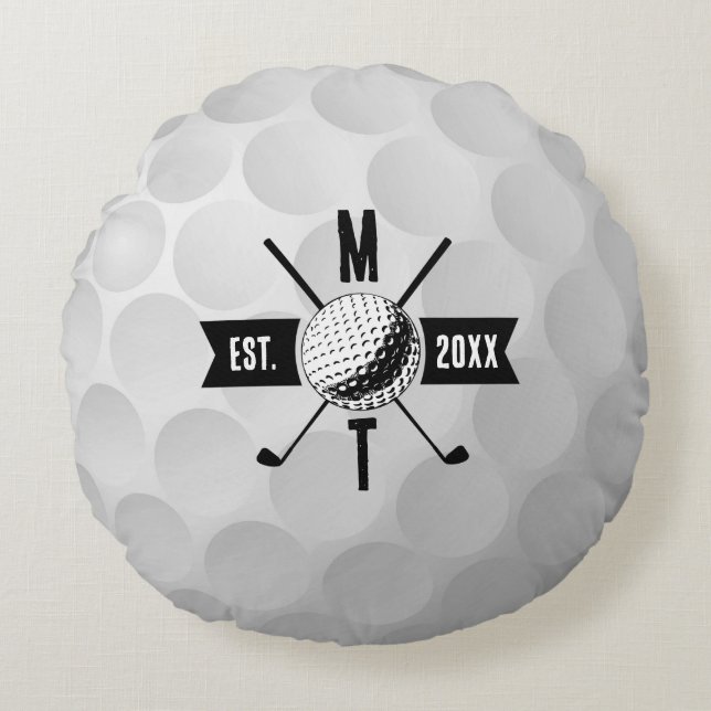 Golf Ball Texture & Club Initial Monogram Rundes Kissen (Vorderseite)