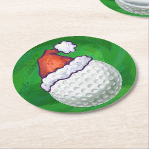 Golf Ball WeihnachtsHat auf Green Runder Pappuntersetzer