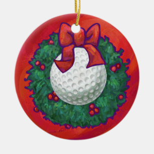 Golf Ball Weihnachtskranz auf Rot Keramikornament