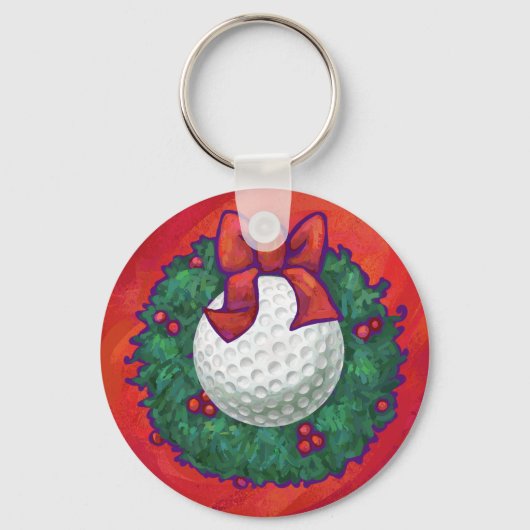 Golf Ball Weihnachtskranz auf Rot Schlüsselanhänger (Vorderseite)