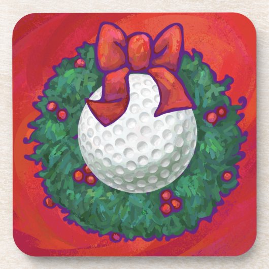 Golf Ball Weihnachtskranz auf Rot Untersetzer (Vorderseite)