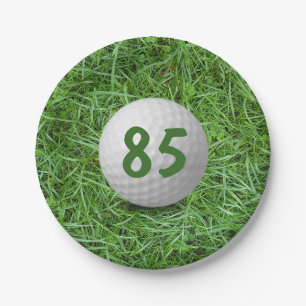 Golf Ball zum 85. Geburtstag auf Graspapier-Platte Pappteller