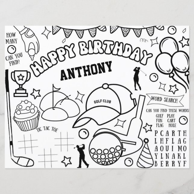 Golf Birthday Coloring Page, Golf Activity Sheet (Vorderseite)