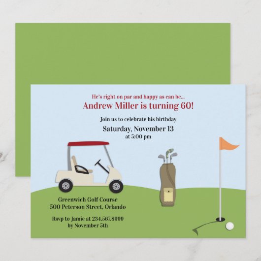 Golf Birthday Flat Einladung (Vorne/Hinten)