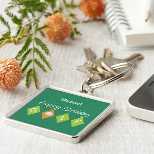 Golf Birthday Green Diamond Shapes Schlüsselanhänger (Seite)