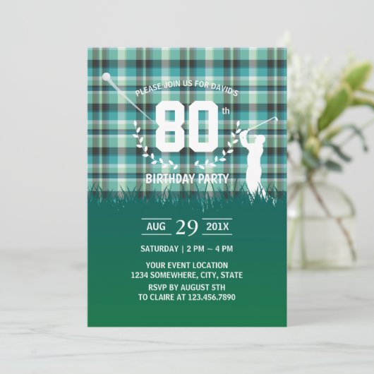 Golf Birthday Party Green Gingham Pattern Einladung (Stehend Vorderseite)
