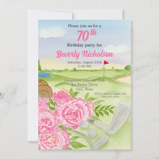 Golf Birthday Party Peonies on Golf Course Einladung (Vorderseite)