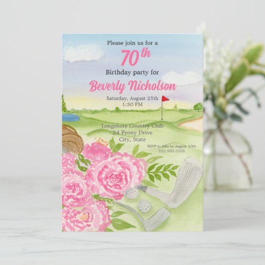 Golf Birthday Party Peonies on Golf Course Einladung (Stehend Vorderseite)