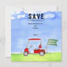 Golf Birthday Save the Date mit Golf Cart