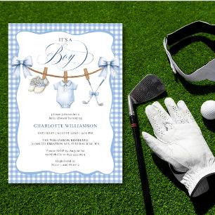 Golf Blau Gingham Wäscheleine Baby Boy Shower Einladung