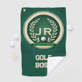 Golf Boss Heraldry Emblem Custom Name Ivory Green Golfhandtuch (Insitu)