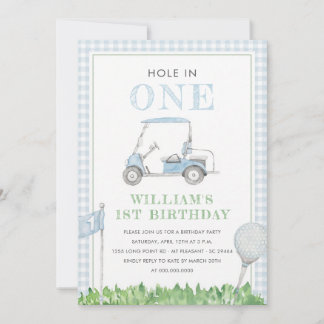 Golf Boy Geburtstag Blau Gingham Einladung