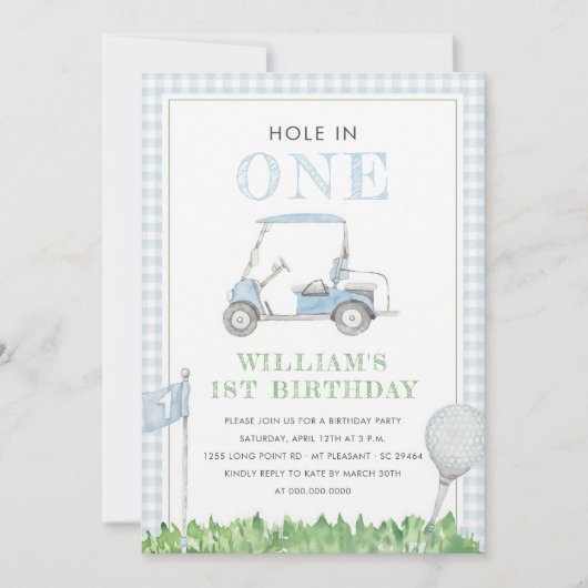 Golf Boy Geburtstag Blau Gingham Einladung (Vorderseite)