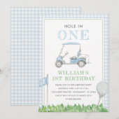 Golf Boy Geburtstag Blau Gingham Einladung (Vorne/Hinten)