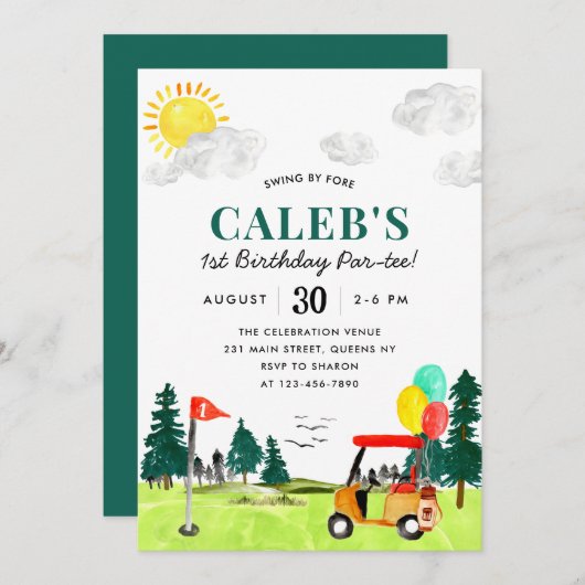 Golf Boy Golfing Swing By Fore a Par-tee Geburtsta Einladung (Vorne/Hinten)