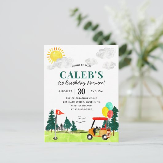 Golf Boy Golfing Swing By Fore a Par-tee Geburtsta Postkarte (Stehend Vorderseite)