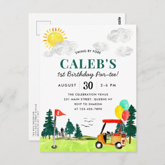 Golf Boy Golfing Swing By Fore a Par-tee Geburtsta Postkarte (Vorne/Hinten)