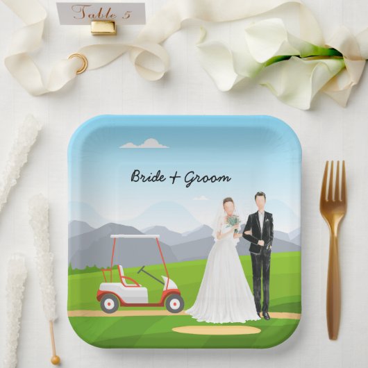 Golf Braun und Bräutigam mit Golf Ball Tee Hochzei Pappteller (Hochzeit)