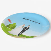 Golf Braun und Bräutigam mit Golf Ball Tee Hochzei Pappteller (Schrägansicht)