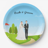 Golf Braun und Bräutigam mit Golf Ball Tee Hochzei Pappteller (Vorderseite)