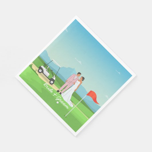 Golf Braun und Bräutigam mit Golf Ball Tee Hochzei Serviette (Ecke)
