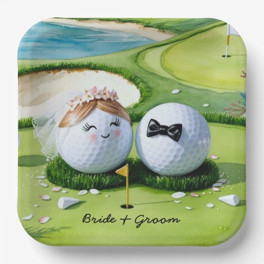 Golf Braun und Bräutigam mit Golf Ball tee Wedding Pappteller (Vorderseite)
