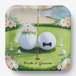 Golf Braun und Bräutigam mit Golf Ball tee Wedding Pappteller
