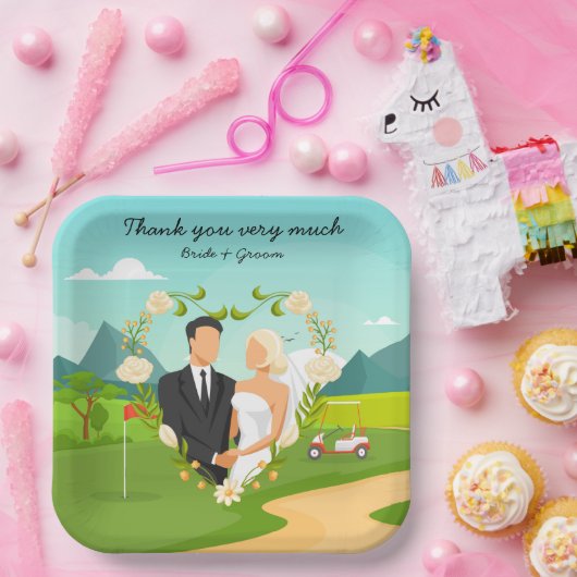 Golf Bride and Groom auf dem Golfplatz Wedding Pappteller (Party)