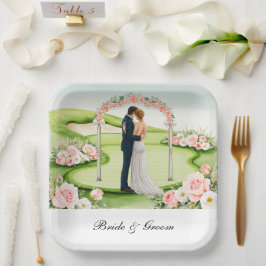 Golf Bride and Groom on Golf Course Wedding Pappteller