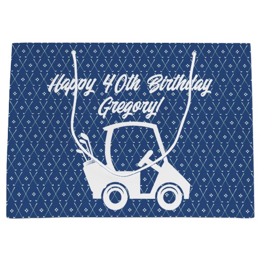 Golf Cart Happy Birthday Pattern Dunkelblau Große Geschenktüte (Vorderseite)
