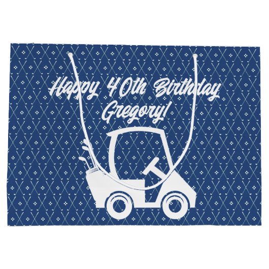 Golf Cart Happy Birthday Pattern Dunkelblau Große Geschenktüte (Rückseite)