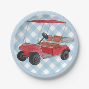 Golf Cart Kariert Blue Gingham Country Club Pappteller